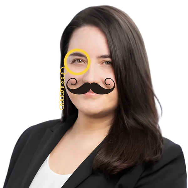 Annmarie Giblin, detective portrait with mustache and monocle overlay.