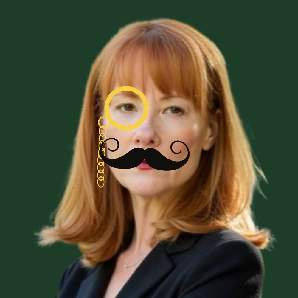 Dr. Catherine McGregor, detective portrait with mustache and monocle overlay.