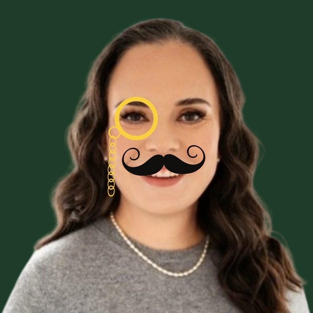 Emily Logan Stedman, detective portrait with mustache and monocle overlay.