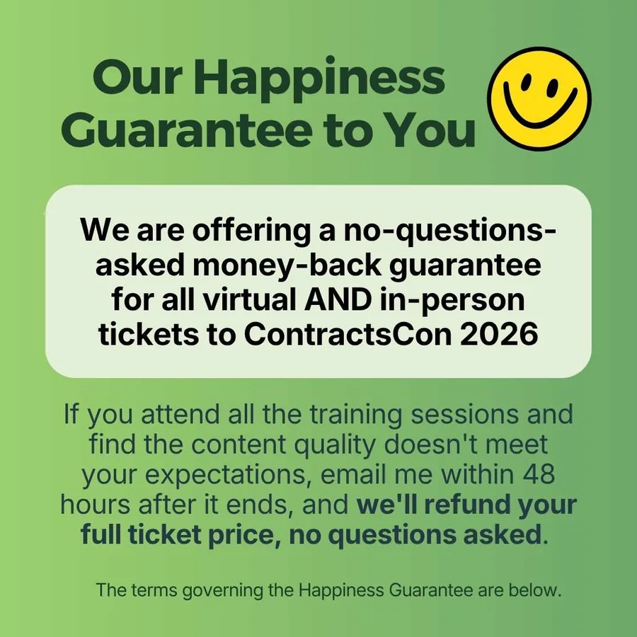The ContractsCon Happiness Guarantee badge.