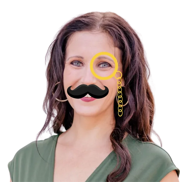 Krista Lynn, detective portrait with mustache and monocle overlay.