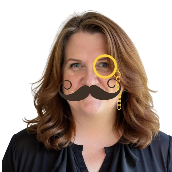 Laura Frederick, founder of How to Contract, in a detective portrait with mustache and monocle overlay.