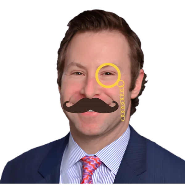 Matt Kohel, detective portrait with mustache and monocle overlay.