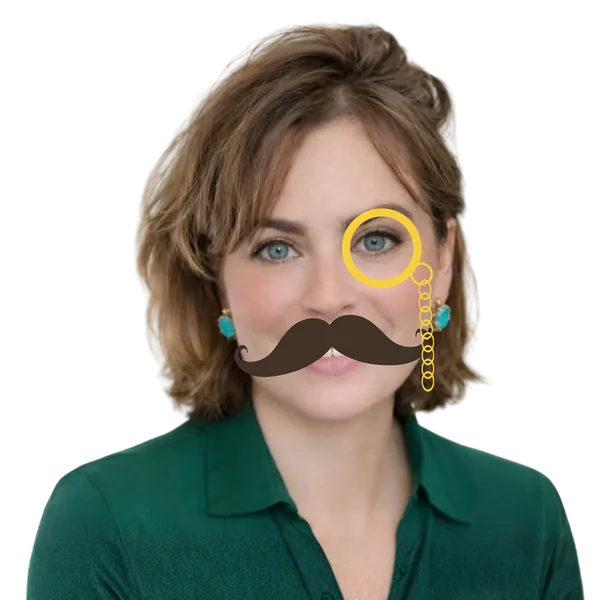 Olga Mack, detective portrait with mustache and monocle overlay.