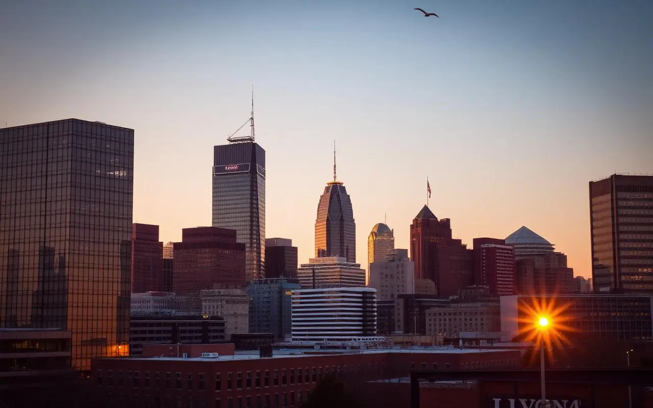 The Philadelphia skyline at dusk, seen across Center City.