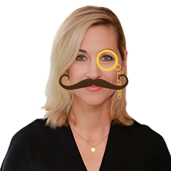 Shannon Yavorsky, detective portrait with mustache and monocle overlay.